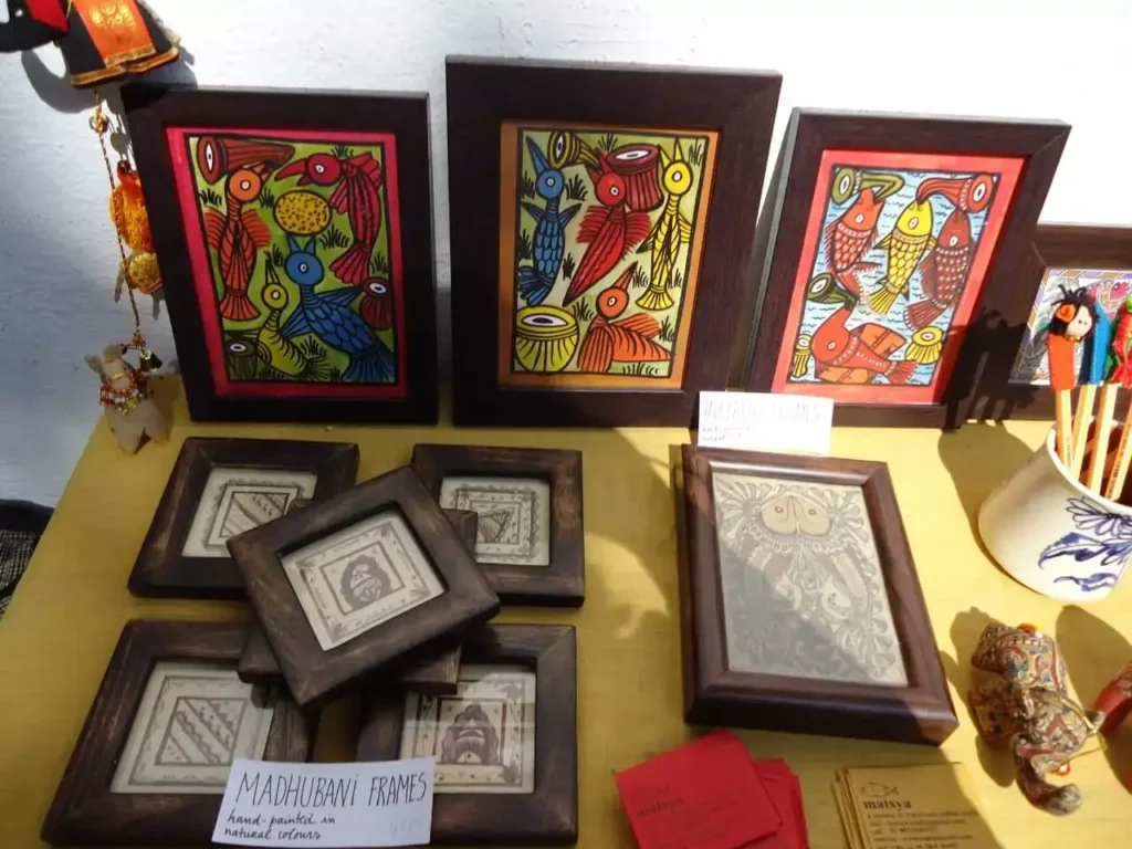 framed madhubani art in display at workshop