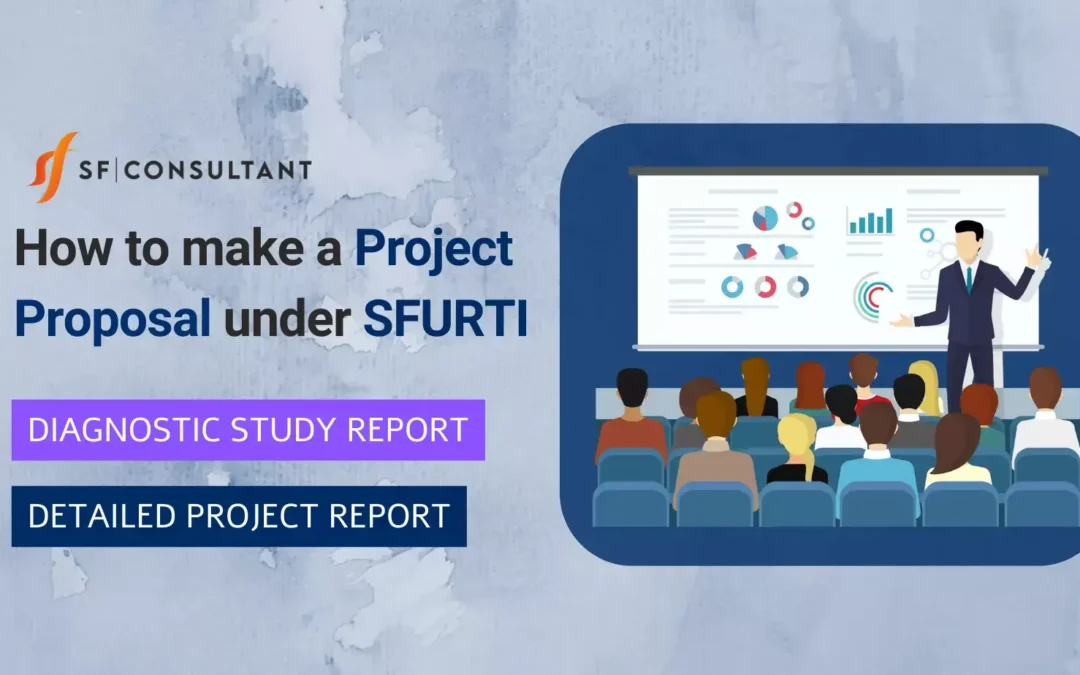 how to make project proposal under SFURTI written in left and a illustrator art of man giving a presentation on the right